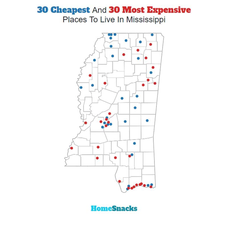 Map Of The Cheapest Places To Live In Mississippi