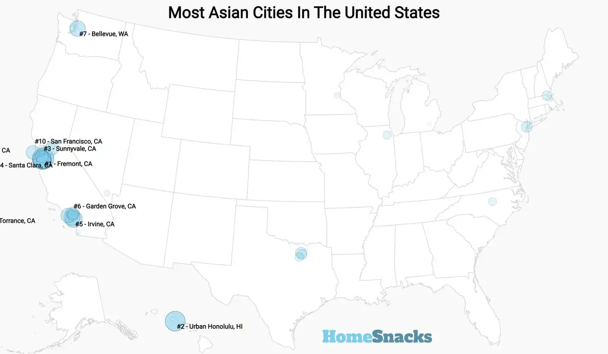 Most Asian Cities In The United States Map