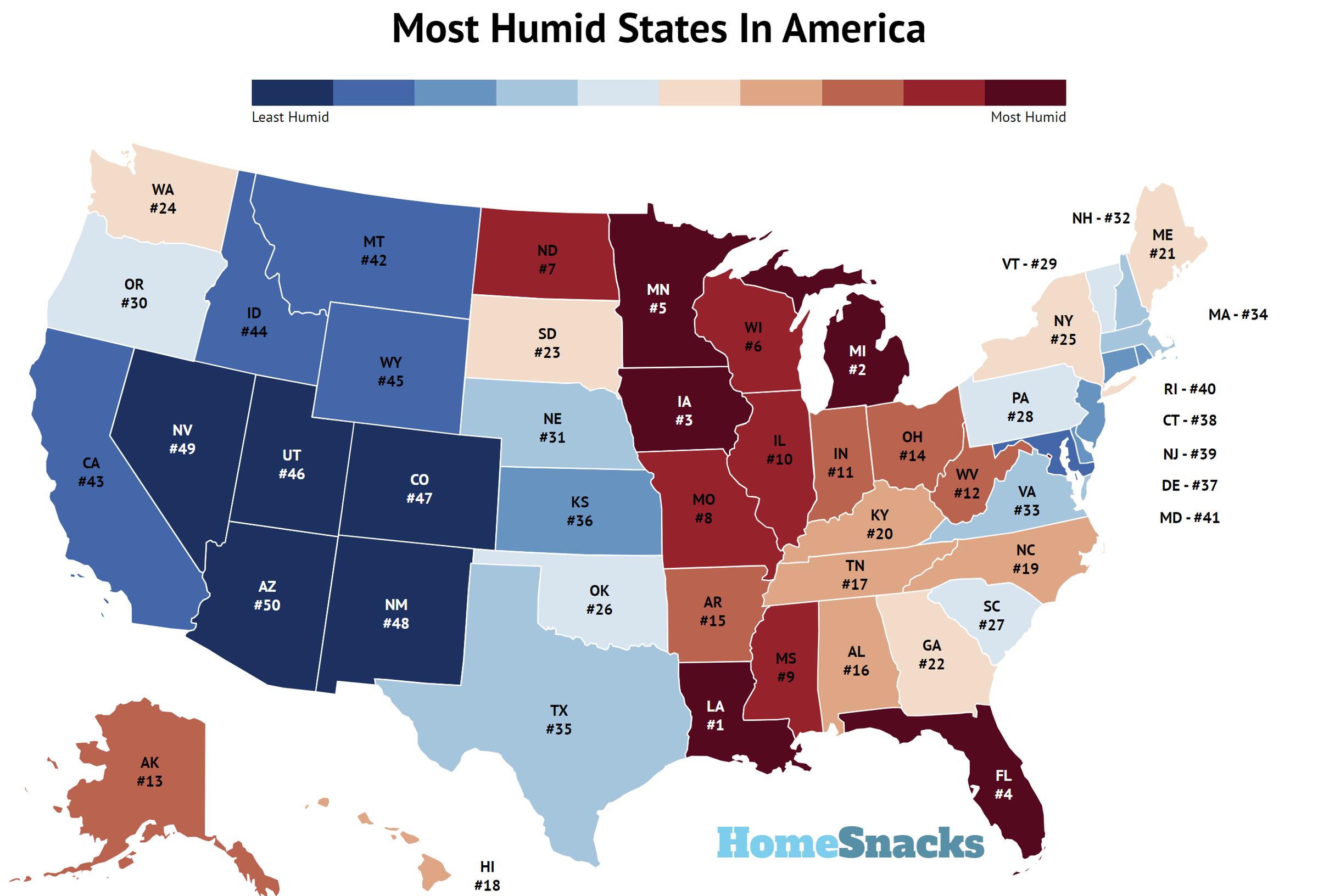 Most Humid States In America Map