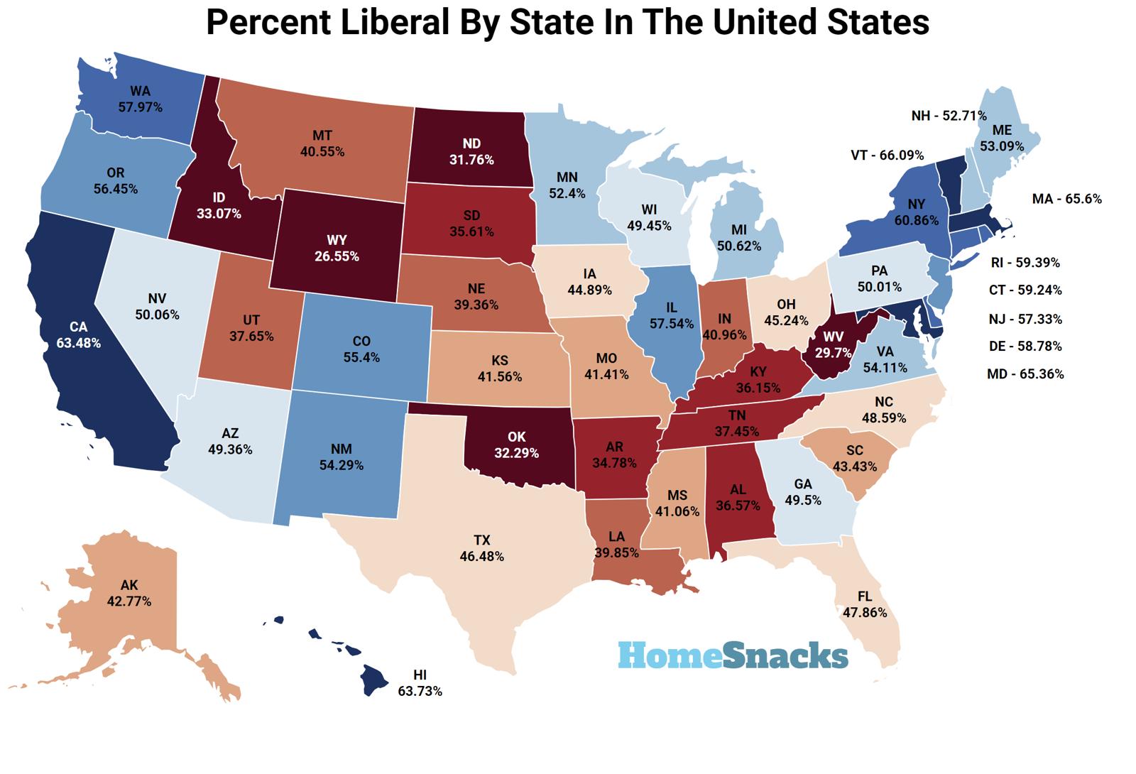 Percent Liberal By State In The United States Map