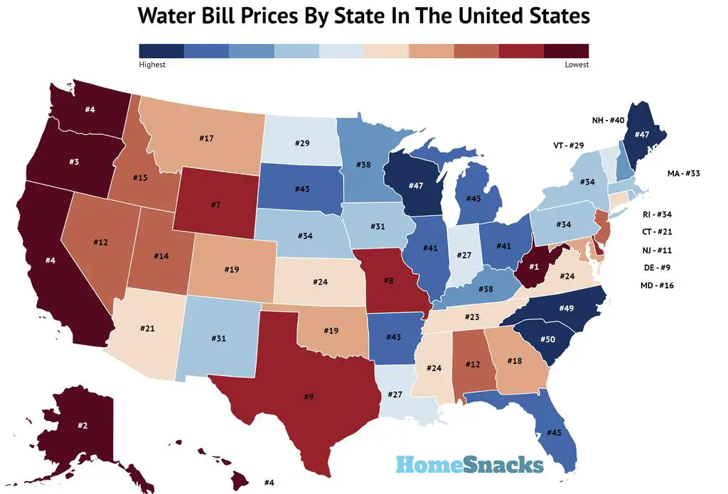 Map Of States By Monthly Water Bill Price In The United States