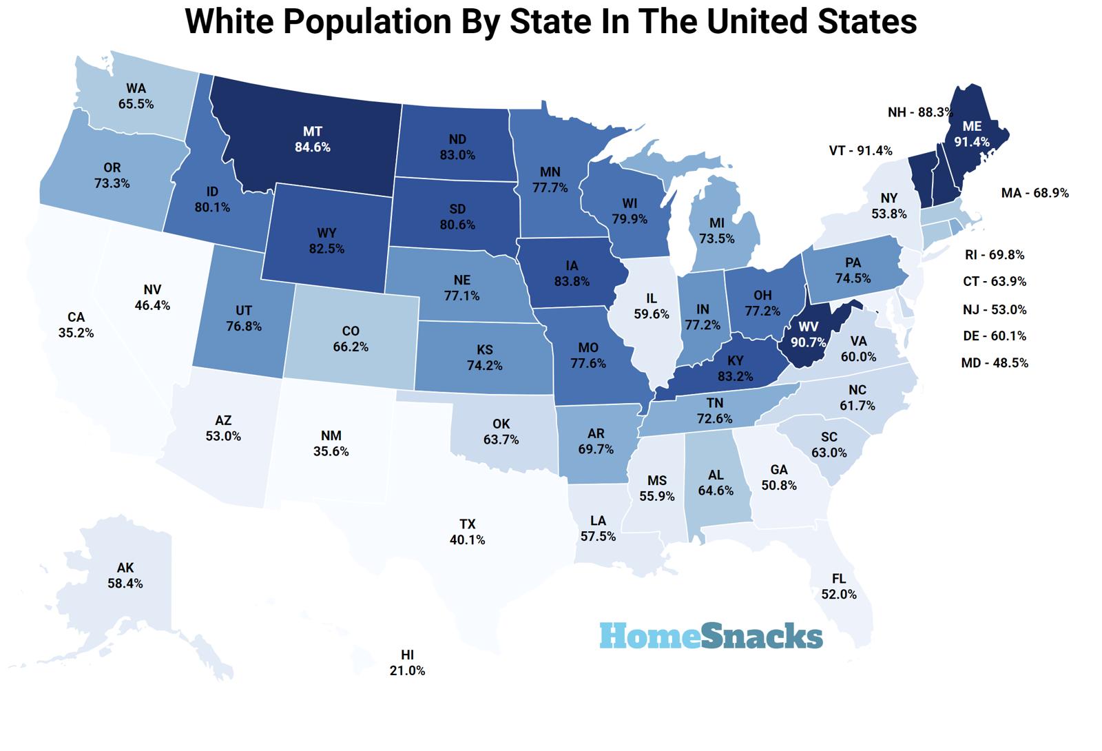 White Population By State In The United States Map