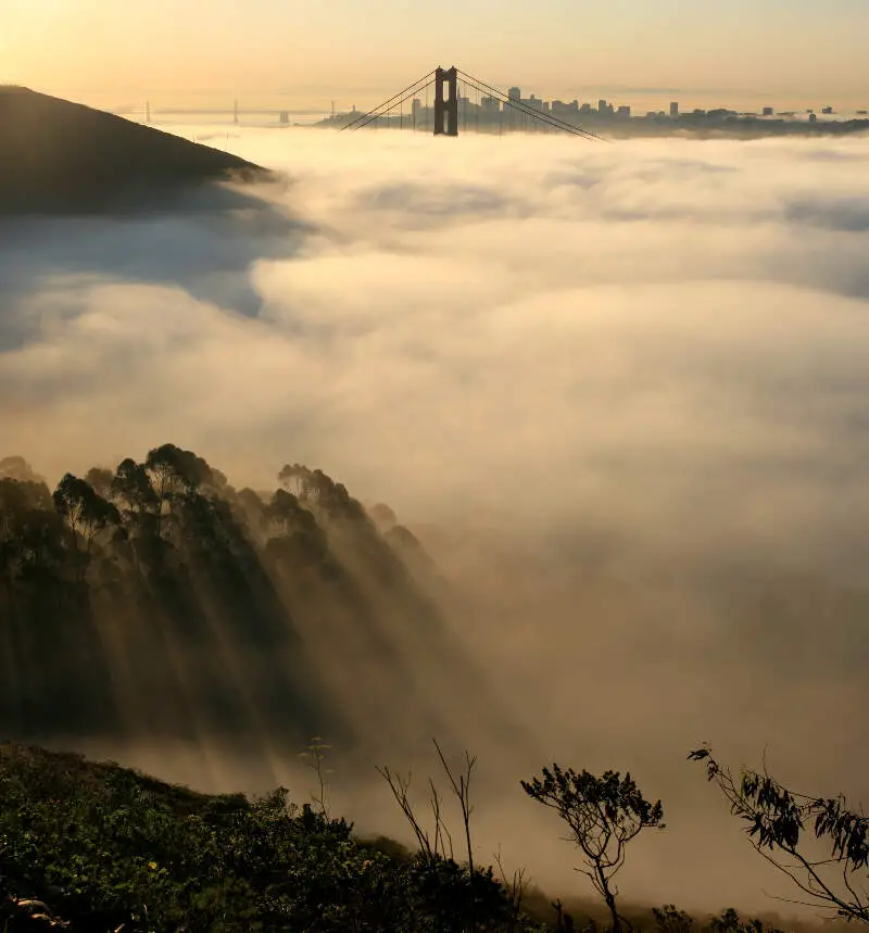San Francisco In Fog With Rays