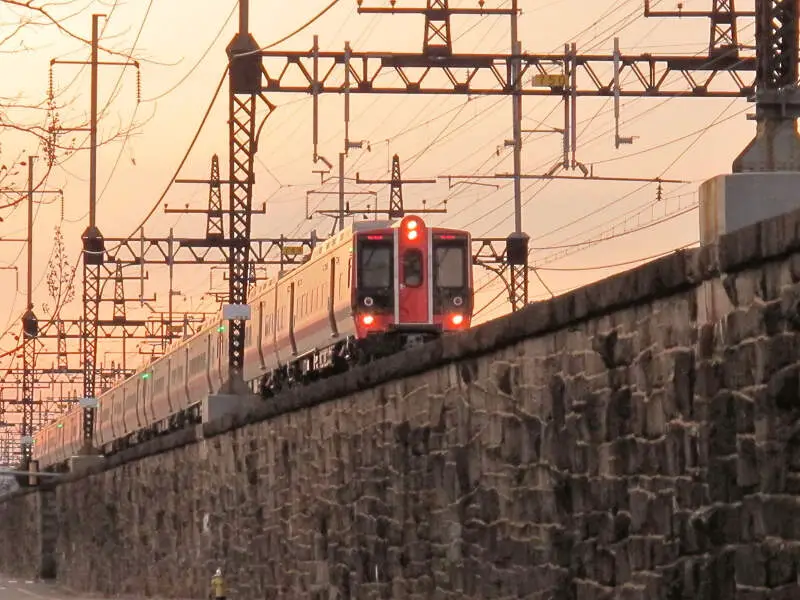 New Haven Line Train Approaches Bridgeportc Ct Station Eastboundc December