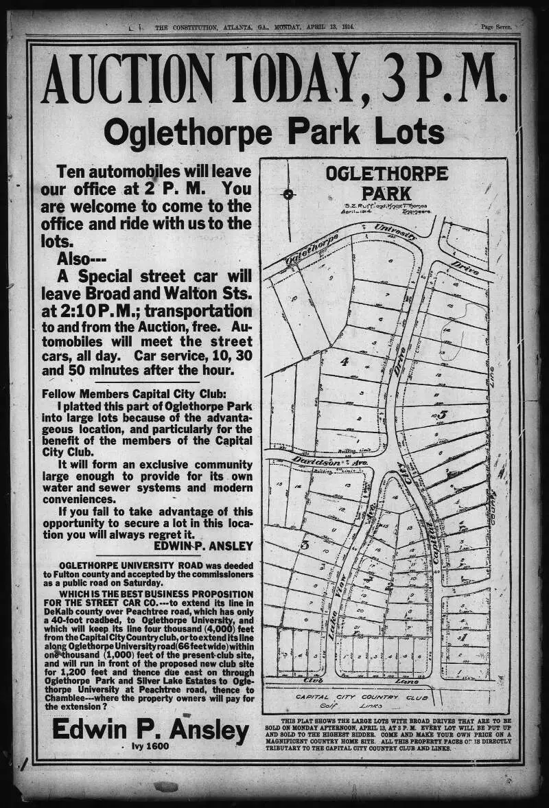 Ad In Atlanta Constitutionc April C C Offering Oglethorpe Park Lots For Salec Today Part Of Brookhaven