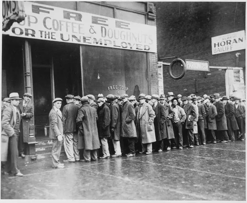 Unemployed Men Queued Outside A Depression Soup Kitchen Opened In Chicago By Al Caponec   Nara