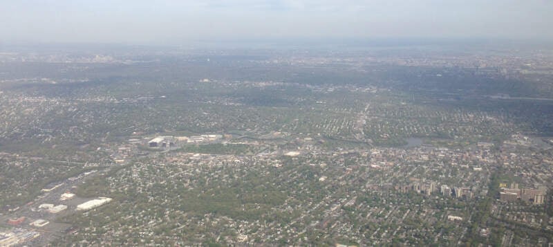 View Of Hackensackc New Jersey From An Airplane Heading For Newark Airport Cropped