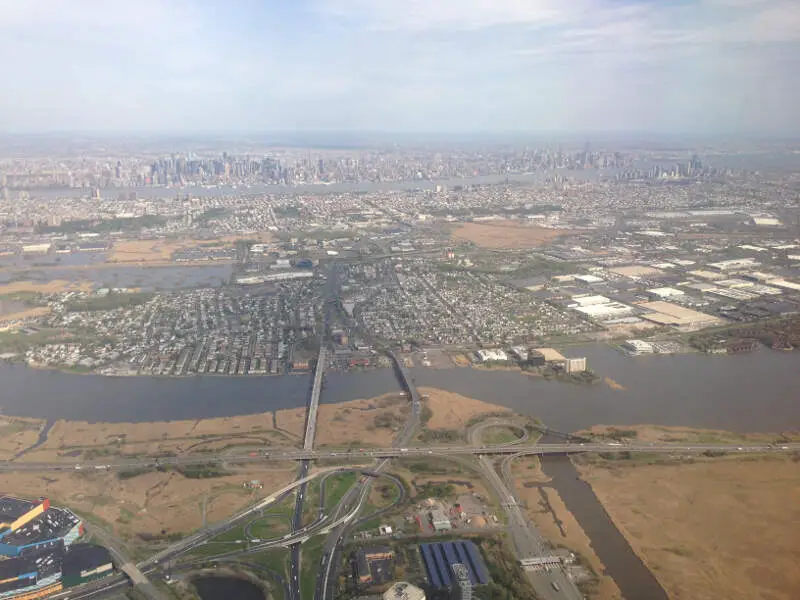 View Of New York Cityc Secaucusc New Jerseyc The Hackensack Riverc The New Jersey Turnpike Western Spur And New Jersey Route From An Airplane Heading For Newark Liberty