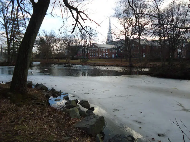 Westfield New Jersey Mindowaskin Park With Buildings And Trees And Frozen Lake