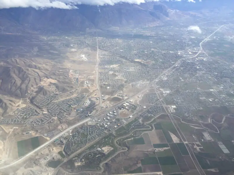 View From An Airplane Of The Cities Of Lehic American Fork And Highlandc Utah Along Interstate