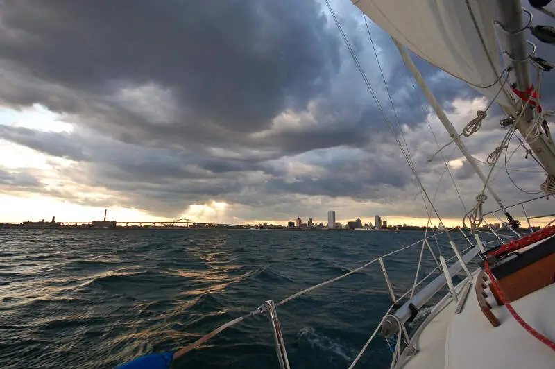 Rough Waters Lake Michigan With Milwaukee At Horizon