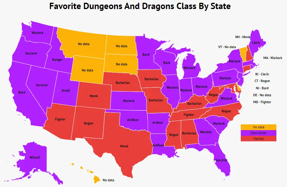 Favorite DnD Class By State