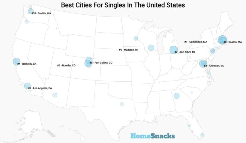 Best Cities For Singles in the US Map